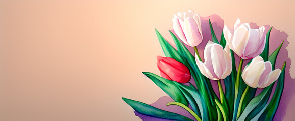 beautiful tulips, flowers and blossoms on a beige background painted with watercolors and oil paints, generative ai, banner, mother's day, easter, valentines day, wedding, love, family, floral design