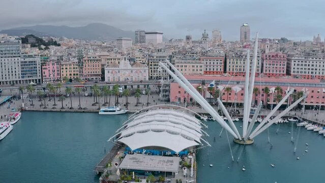 Famous Bigo tourist attraction at Porto Antico (old port), Genoa - aerial view