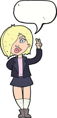 cartoon cool girl giving peace sign with speech bubble