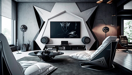 A modern futuristic living room design, futurism decor, stunning and luxury, generative ai