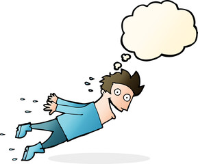 cartoon drenched man flying with thought bubble