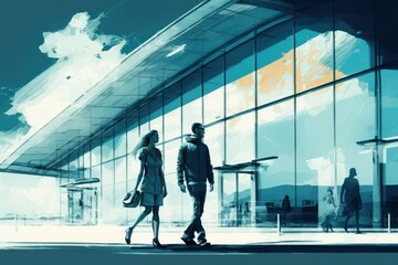 Couple is in the airport together. Beautiful creative art. Generative AI