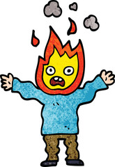 cartoon doodle man with head on fire