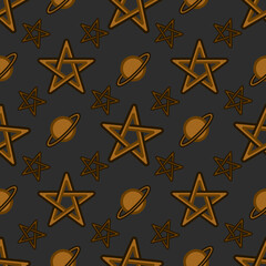 Five pointed star and Saturn seamless pattern, Background repeating