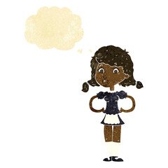 cartoon happy waitress woman with thought bubble