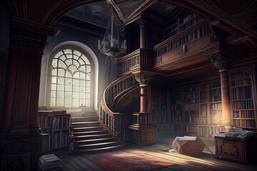 Large office with huge libraries in an old castle. AI generated