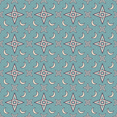 Moon and four pointed star seamless pattern, Fabric background repeating