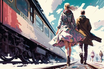 Going to travel. On a railway station. Couple is having a walk outdoors. Beautiful creative art. Generative AI