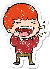 distressed sticker of a cartoon laughing man