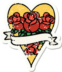 traditional distressed sticker tattoo of a heart and banner with flowers