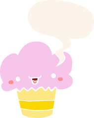 cartoon cupcake and face and speech bubble in retro style