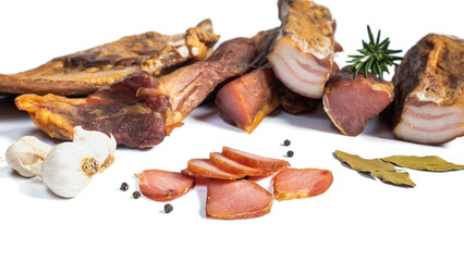 Dried pork meat smoked on traditional way with garlic , rosemary and pepper isolated on white background.