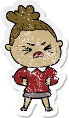 distressed sticker of a cartoon angry woman