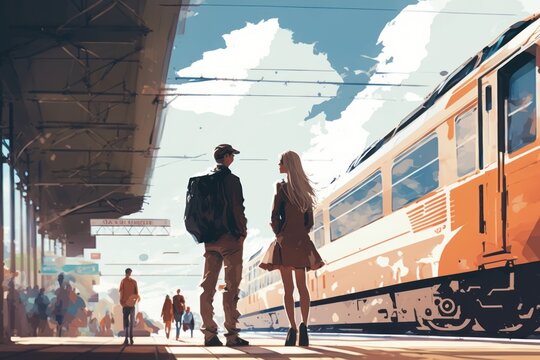 Together on the railway station. Couple is having a walk outdoors. Beautiful creative art. Generative AI