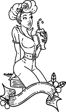 black line tattoo of a pinup girl drinking a milkshake with banner