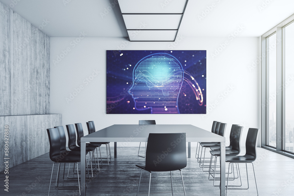 Poster creative artificial intelligence symbol on presentation tv screen in a modern meeting room. neural n
