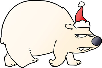 gradient cartoon of a angry polar bear wearing santa hat