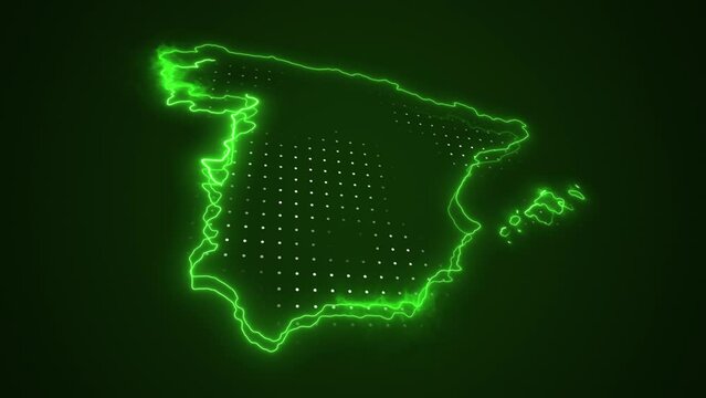 3D Neon Green Spain Map Borders Outline Loop Background. Neon Green Colored Spain Map Borders Outline Seamless Loop Dark Background. Spain Neon Map Borders Outline.