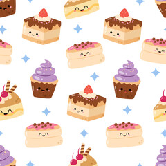 Hand drawn cute kawaii dessert seamless pattern vector design