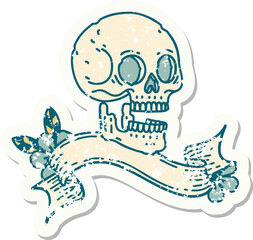grunge sticker with banner of a skull
