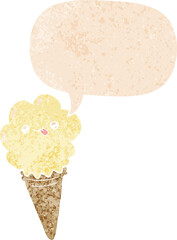 cartoon ice cream and speech bubble in retro textured style