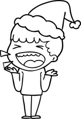 line drawing of a laughing man wearing santa hat