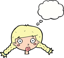 cartoon confused female face with thought bubble