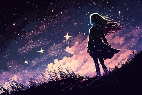 Cute little girl is outdoors, looking at the starry sky at night. Beautiful creative art. Generative AI