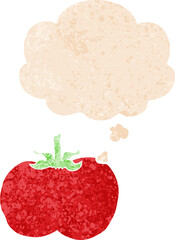 cartoon tomato and thought bubble in retro textured style