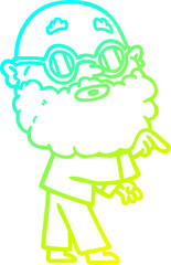 cold gradient line drawing cartoon curious man with beard and glasses