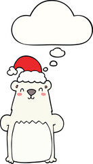 cartoon bear wearing christmas hat and thought bubble