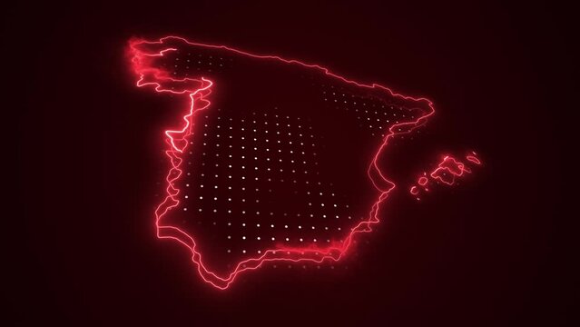 3D Neon Red Spain Map Borders Outline Loop Background. Neon Red Colored Spain Map Borders Outline Seamless Loop Dark Background. Spain Neon Map Borders Outline.