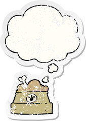 cartoon bowl of dog food and thought bubble as a distressed worn sticker