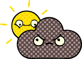 comic book style cartoon storm cloud and sun