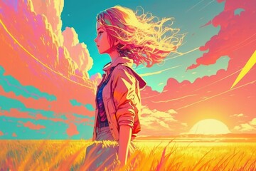 Obraz na płótnie Canvas Beautiful sunset. Little girl have a walk outdoors. Rural scene. Beautiful creative art. Generative AI