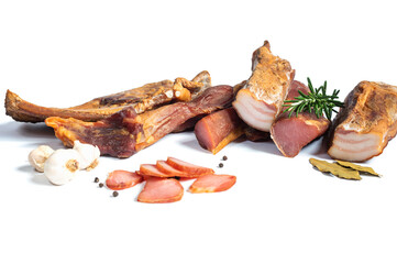 Dried pork meat smoked on traditional way with garlic , rosemary and pepper isolated on white background.