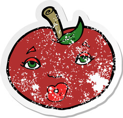 retro distressed sticker of a cartoon apple with face