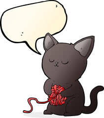 cartoon cute black cat playing with ball of yarn with speech bubble