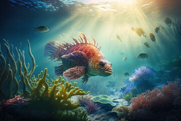 Colorful picture, underwater, fish. Beautiful creative art. Generative AI