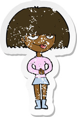 retro distressed sticker of a cartoon sly woman