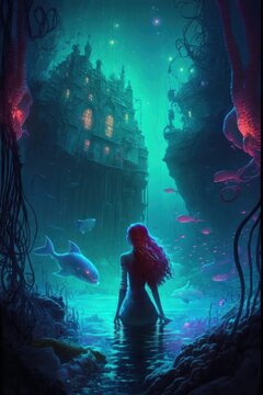 Redhead mermaid is under the water. Beautiful creative art. Generative AI