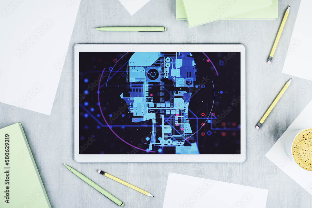 Fototapete Top view of modern digital tablet monitor with creative artificial Intelligence symbol. Neural networks and machine learning concept. 3D Rendering