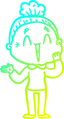 cold gradient line drawing cartoon happy old lady