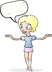 cartoon woman with arms spread wide with speech bubble