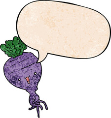 cartoon turnip and speech bubble in retro texture style