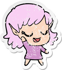 distressed sticker of a happy cartoon elf girl