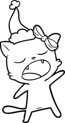 line drawing of a singing cat wearing santa hat