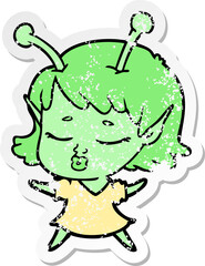 distressed sticker of a cute alien girl cartoon