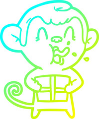 cold gradient line drawing crazy cartoon monkey with christmas present