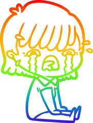 rainbow gradient line drawing cartoon girl crying